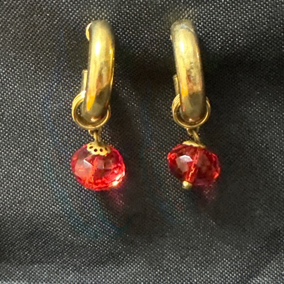 Gold Hoop Earrings with Red Faceted Crystal Drops - Picture 2 of 2